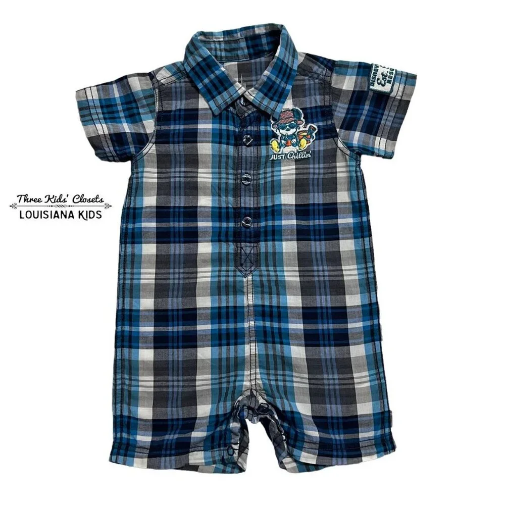 Disney Parks 6m Mickey Mouse Just Chillin' Plaid Romper